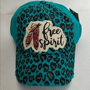 Distressed Style Teal Leopard Print Baseball "Free Spirit " Hat Adjustable Back